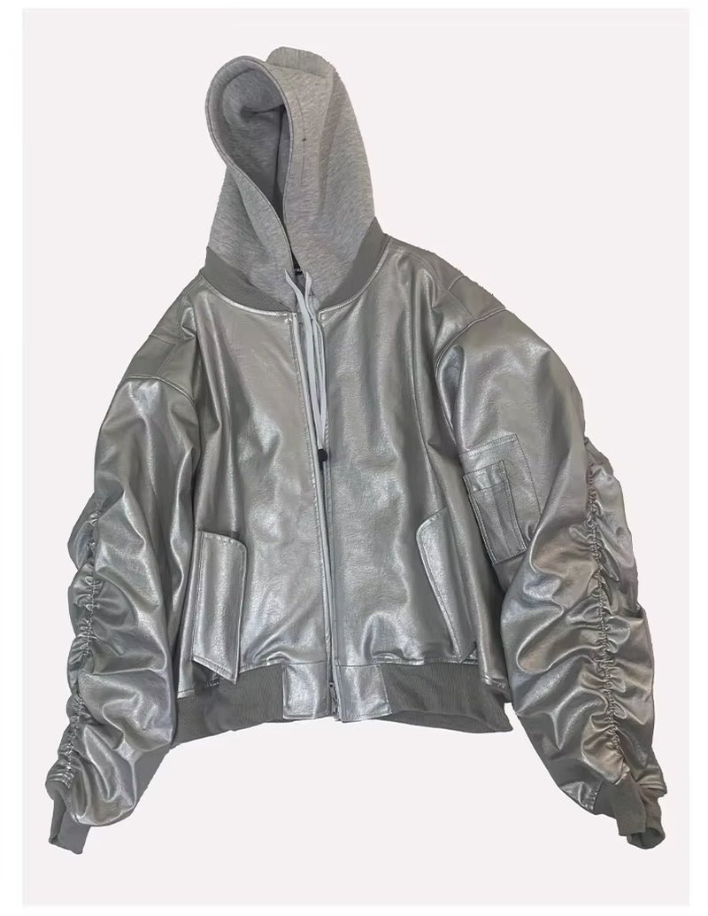 Autumn Winter Oversized Cool Black Thickened Warm Pu Leather Bomber Jacket Men Hood Luxury Designer Fake 2 Clothes