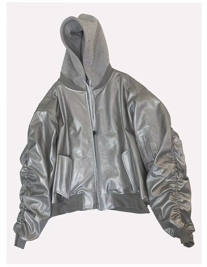 Autumn Winter Oversized Cool Black Thickened Warm Pu Leather Bomber Jacket Men Hood Luxury Designer Fake 2 Clothes