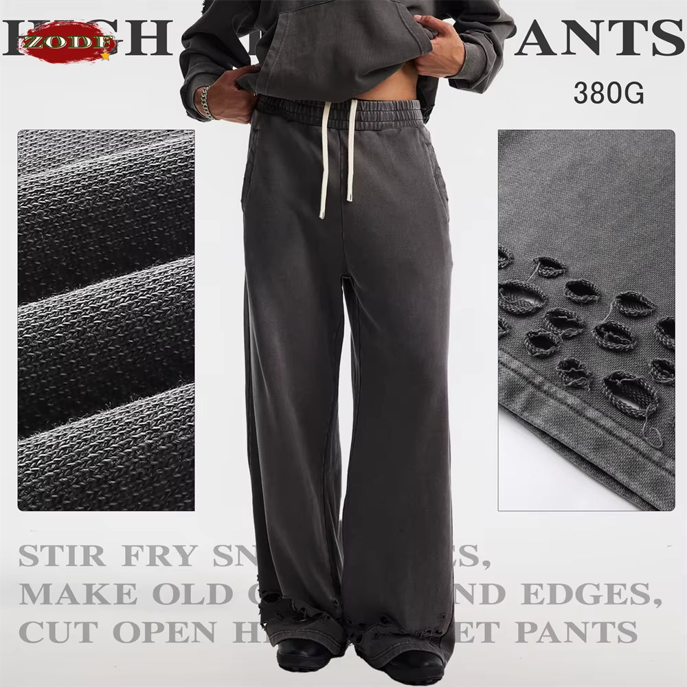 Trendy 2025 Autumn Men Washed Cotton Pants Unisex 380Gsm Distressed Oversized Solid Terry Sport Trousers Streetwears HY1075