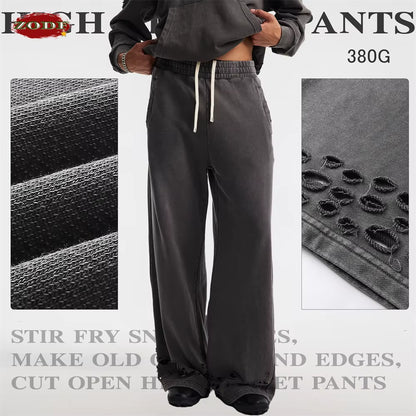 Trendy 2025 Autumn Men Washed Cotton Pants Unisex 380Gsm Distressed Oversized Solid Terry Sport Trousers Streetwears HY1075