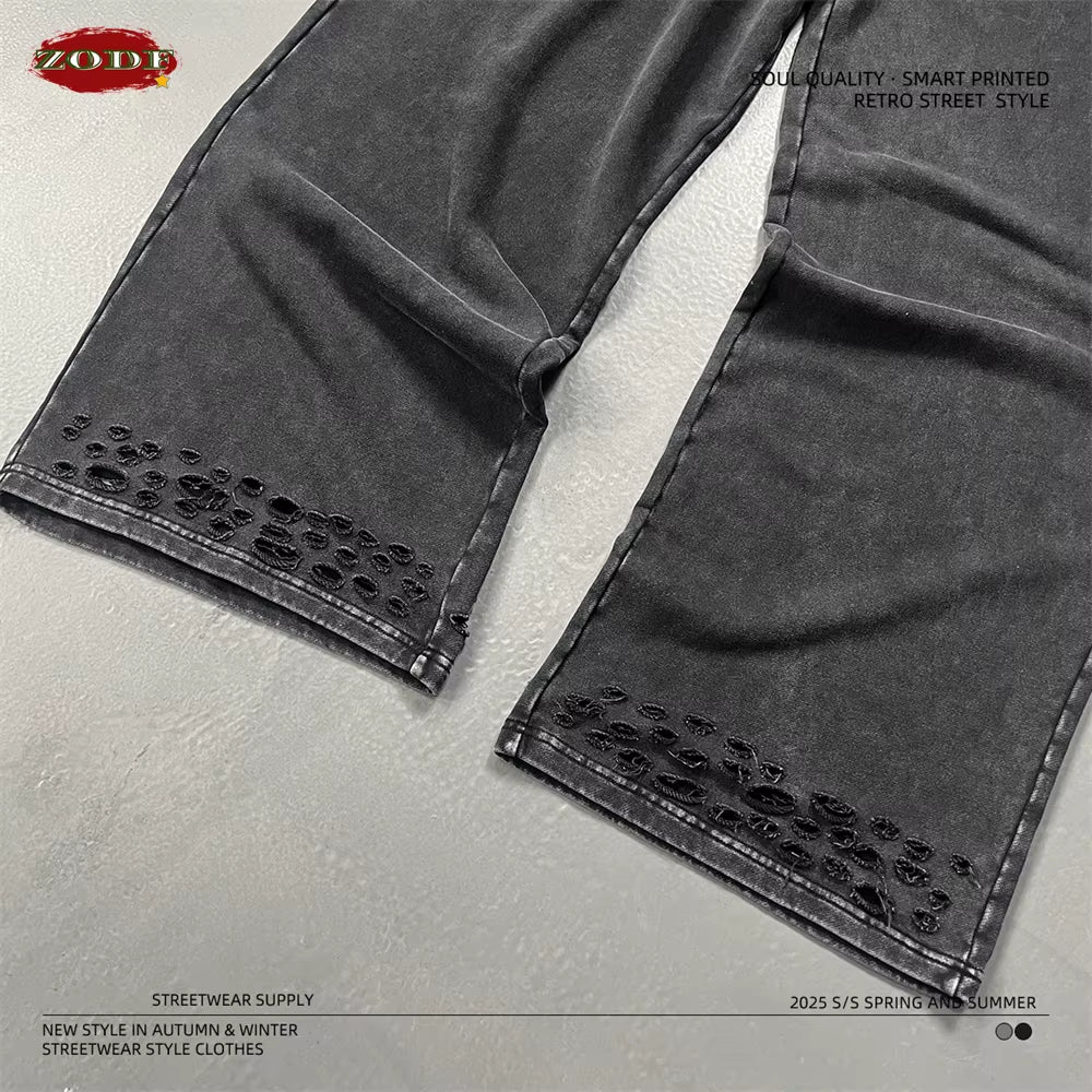 Trendy 2025 Autumn Men Washed Cotton Pants Unisex 380Gsm Distressed Oversized Solid Terry Sport Trousers Streetwears HY1075