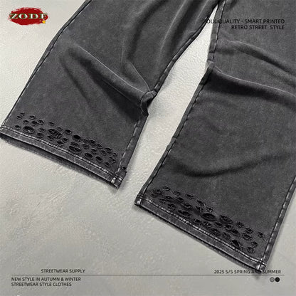 Trendy 2025 Autumn Men Washed Cotton Pants Unisex 380Gsm Distressed Oversized Solid Terry Sport Trousers Streetwears HY1075