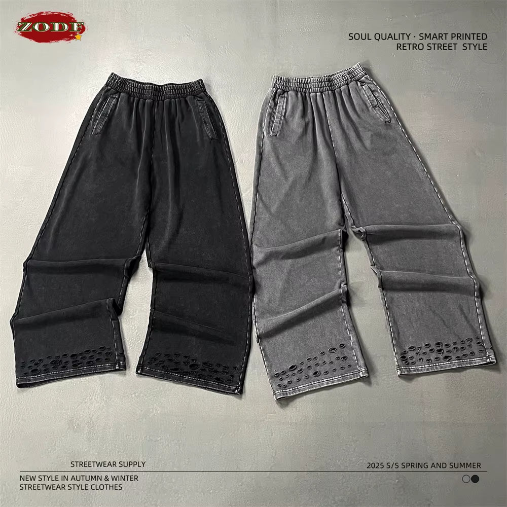 Trendy 2025 Autumn Men Washed Cotton Pants Unisex 380Gsm Distressed Oversized Solid Terry Sport Trousers Streetwears HY1075