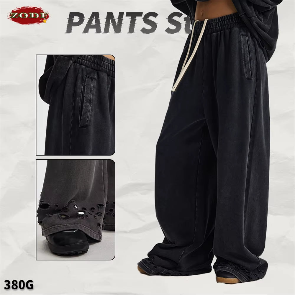 Trendy 2025 Autumn Men Washed Cotton Pants Unisex 380Gsm Distressed Oversized Solid Terry Sport Trousers Streetwears HY1075