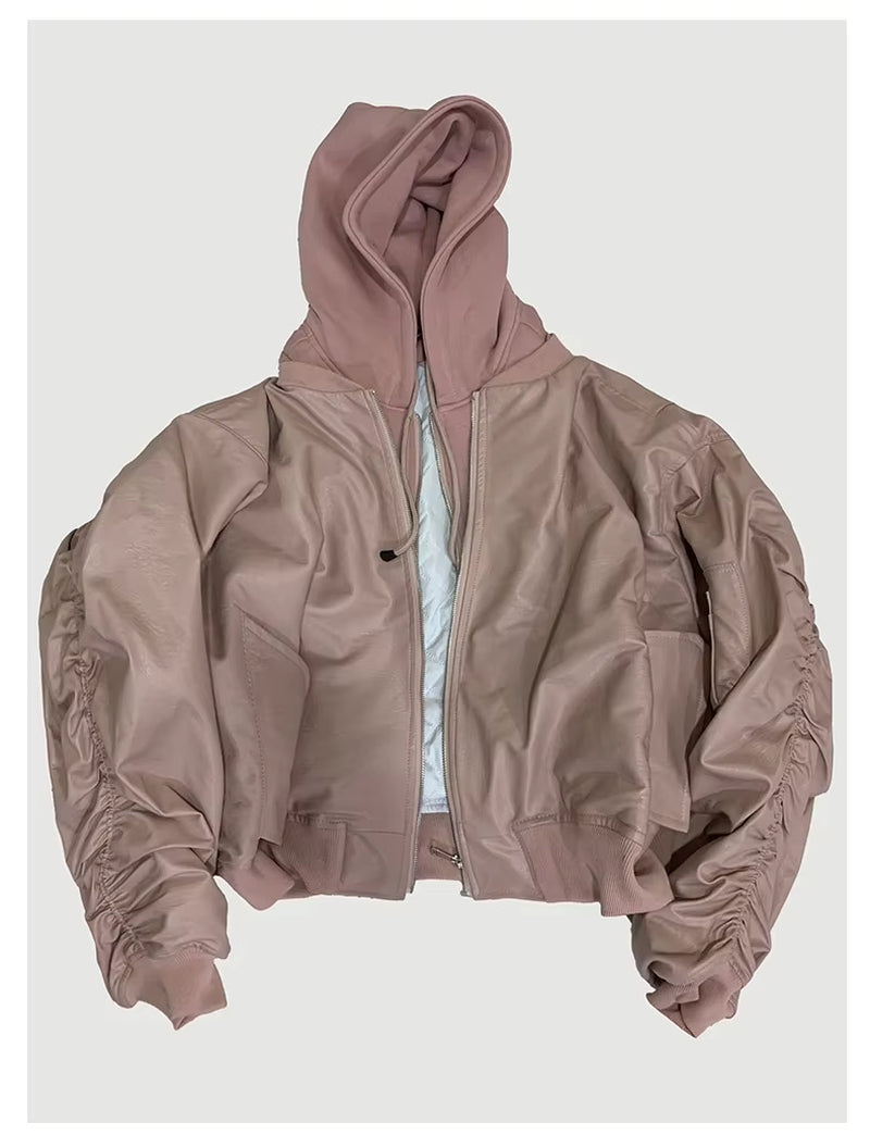 Autumn Winter Oversized Cool Black Thickened Warm Pu Leather Bomber Jacket Men Hood Luxury Designer Fake 2 Clothes