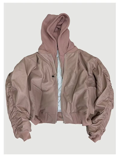 Autumn Winter Oversized Cool Black Thickened Warm Pu Leather Bomber Jacket Men Hood Luxury Designer Fake 2 Clothes