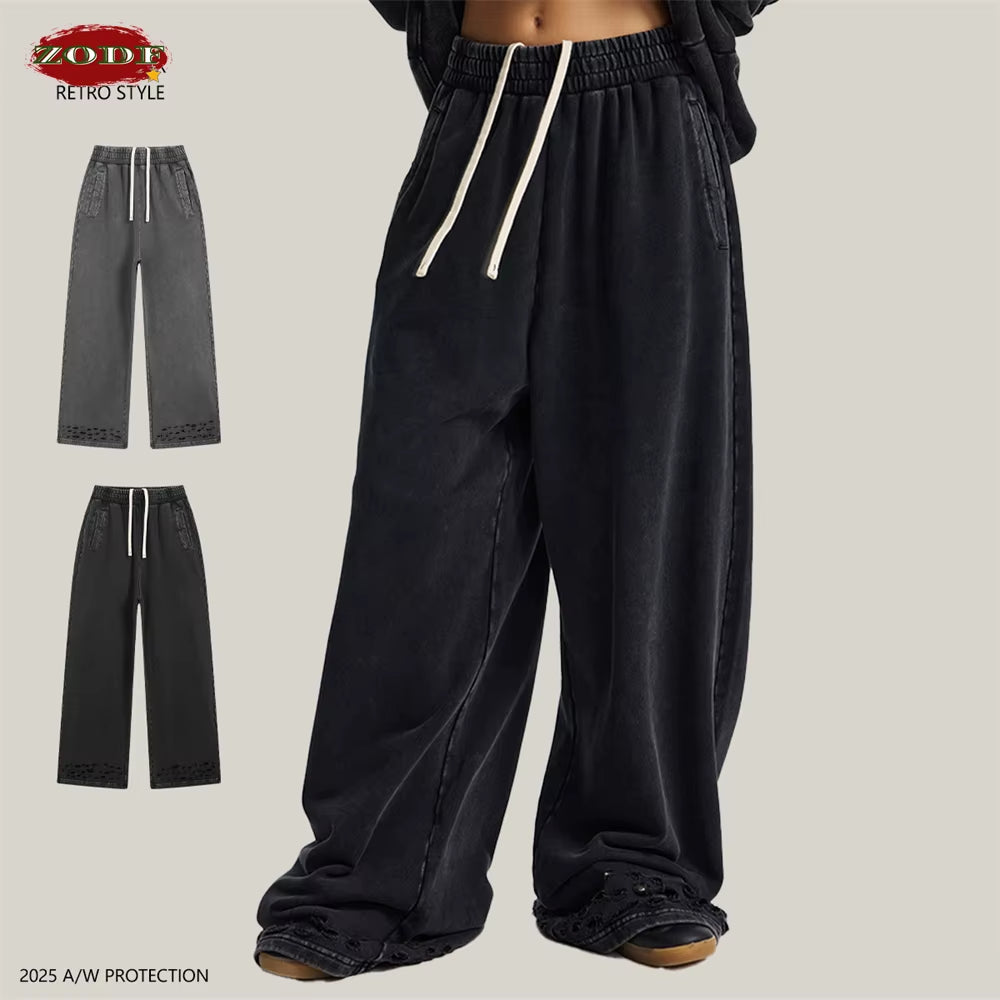 Trendy 2025 Autumn Men Washed Cotton Pants Unisex 380Gsm Distressed Oversized Solid Terry Sport Trousers Streetwears HY1075