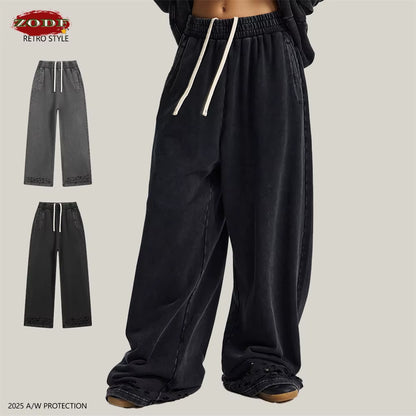 Trendy 2025 Autumn Men Washed Cotton Pants Unisex 380Gsm Distressed Oversized Solid Terry Sport Trousers Streetwears HY1075
