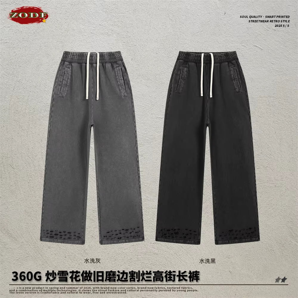 Trendy 2025 Autumn Men Washed Cotton Pants Unisex 380Gsm Distressed Oversized Solid Terry Sport Trousers Streetwears HY1075