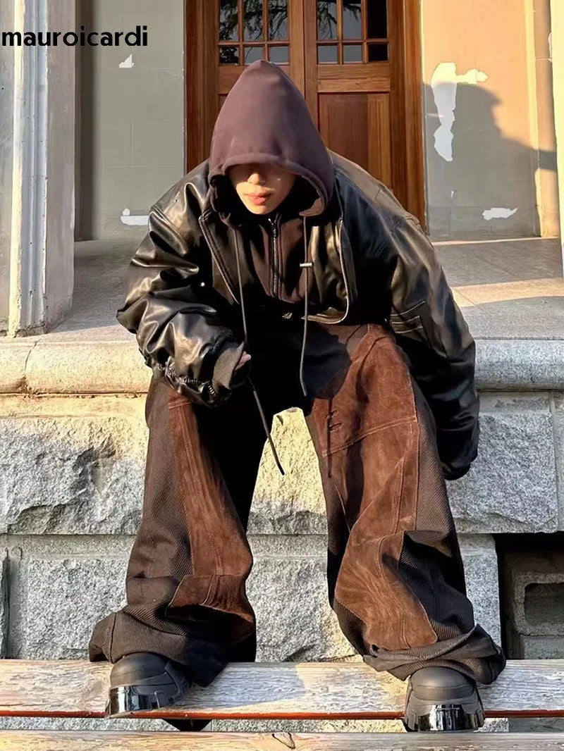 Autumn Winter Oversized Cool Black Thickened Warm Pu Leather Bomber Jacket Men Hood Luxury Designer Fake 2 Clothes